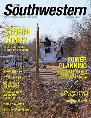 Linemen restore power after a December tornado sweeps through Southwestestern's service area.